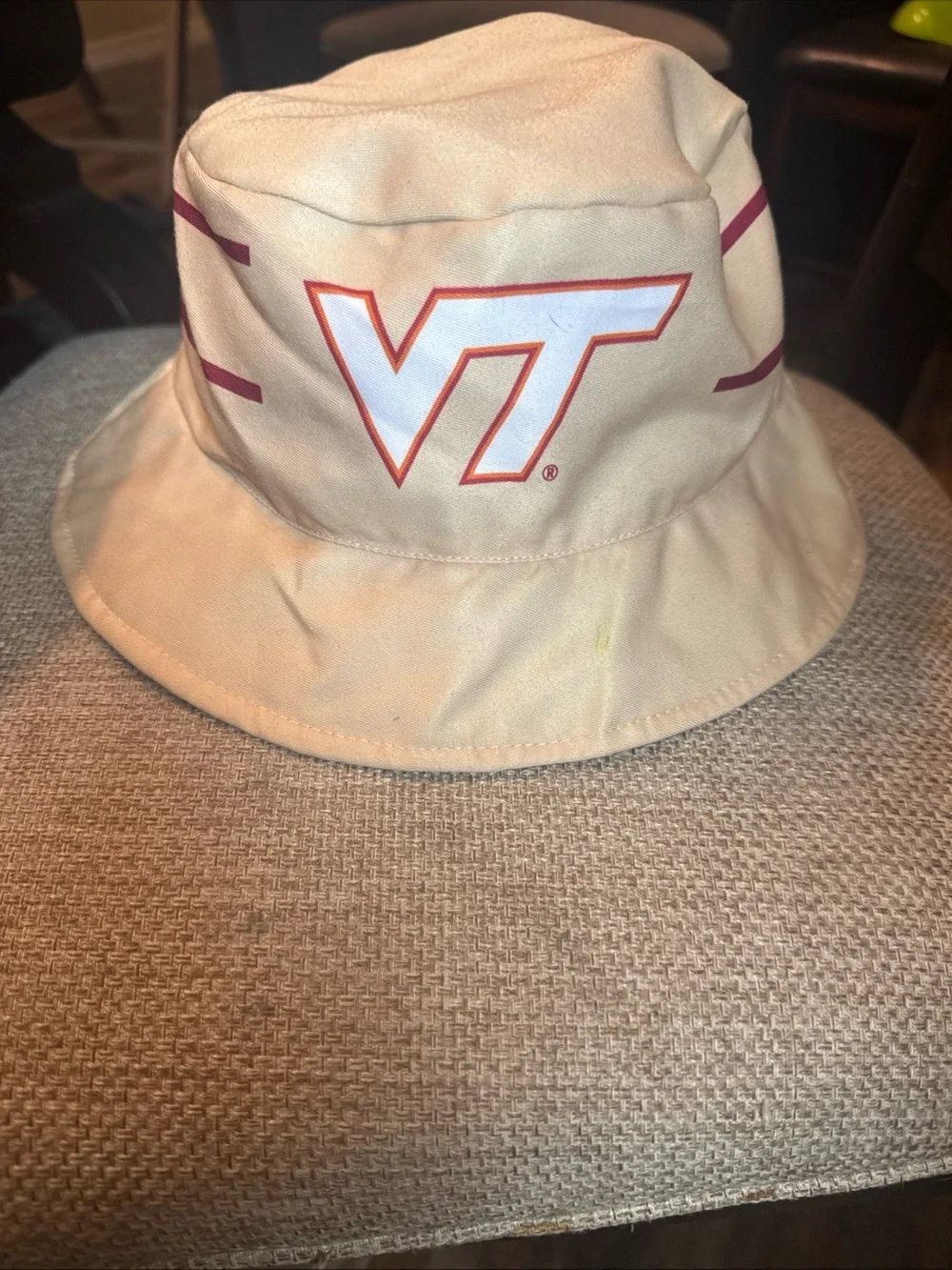 Virginia Tech VT Logo reversible Beige Bucket Hat with Maroon Accents /